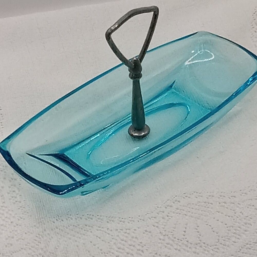 Hazel Atlas CAPRI BLUE Glass Relish Candy Nut Rectangle Serving Tray w/Handle
